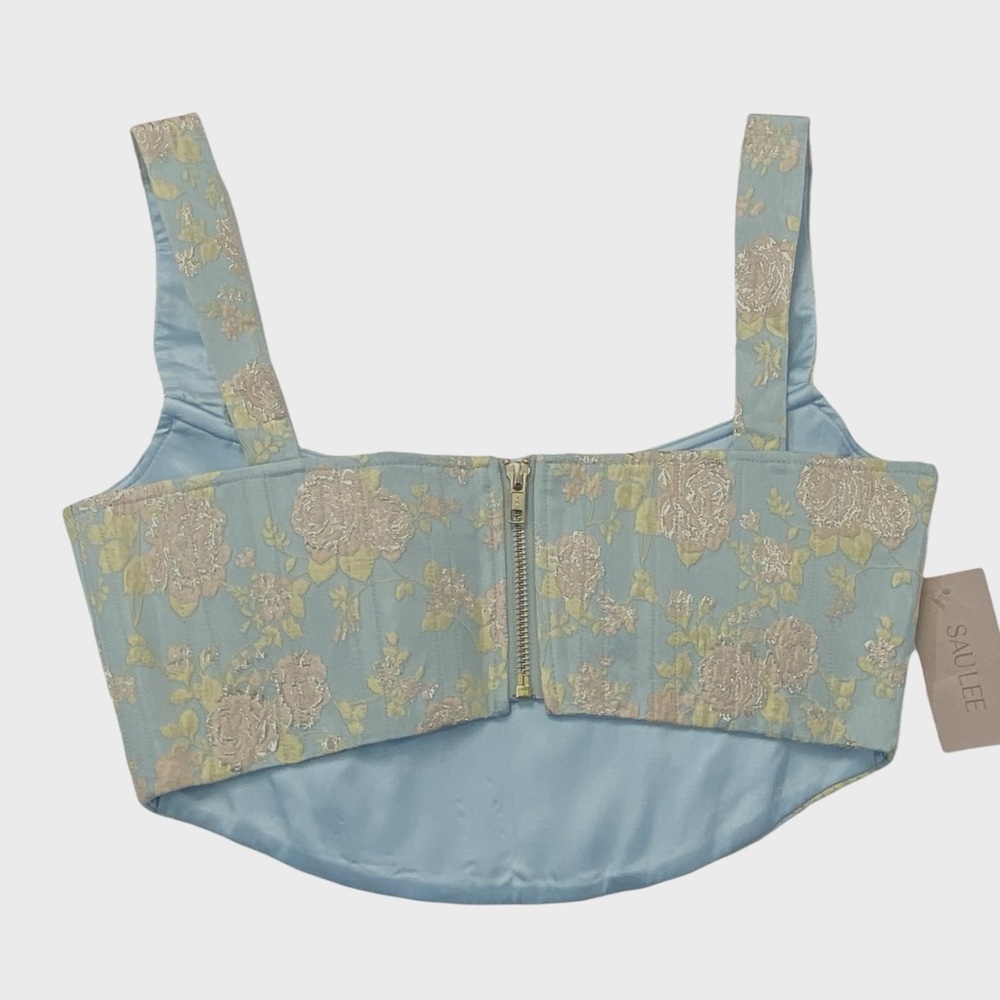 Sau Lee NWT Blue Floral Brocade Crystal Embellished Crop Corset Top Size 2 - Picture 3 of 10